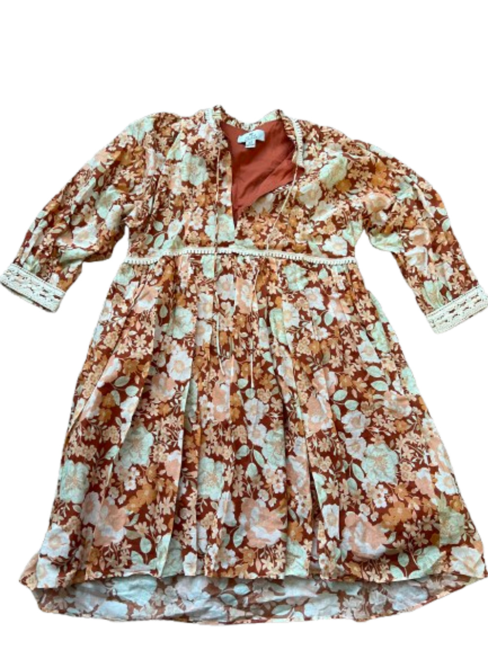 We Are Kindred Heidi Orange Babydoll Floral Lace Tie Neck Boho Mini Dress Sz 2